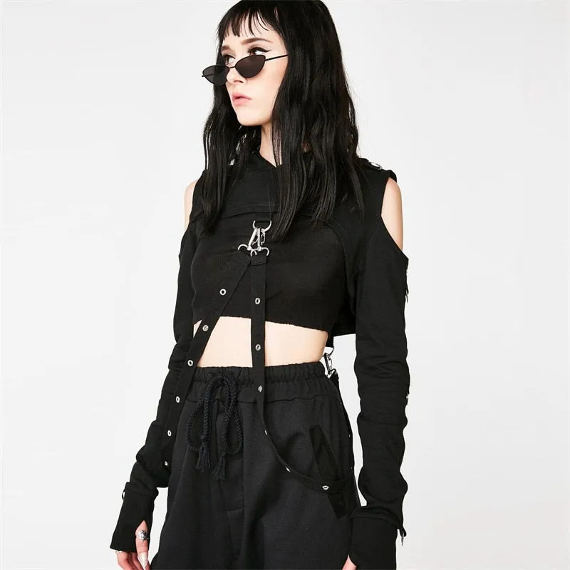 InstaHot Black Cold Shoulder Hooded Hoodies Women Gothic Sexy Autumn Long Sleeve Crop Tops Lady Cool Chain Fashion Clothes Loose