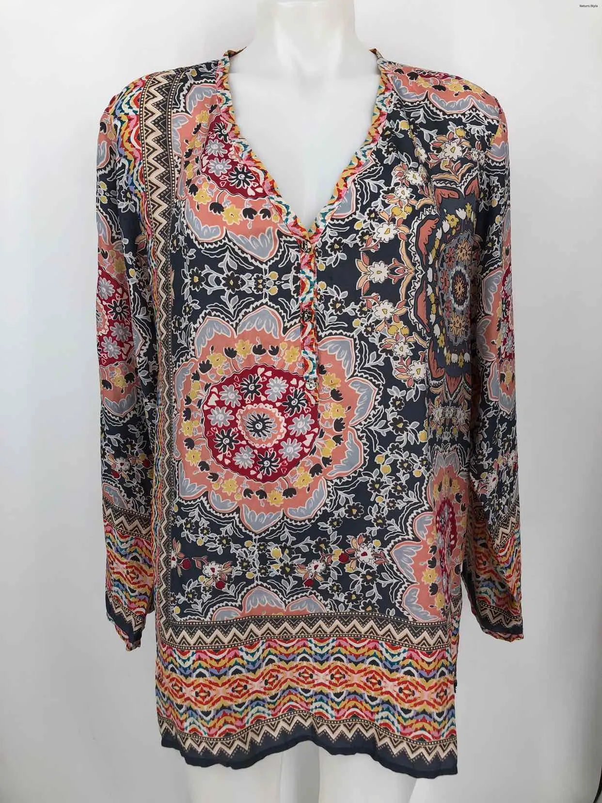 JOHNNY WAS Gray Pink Multi Silk Print Longsleeve Size LARGE  (L) Top