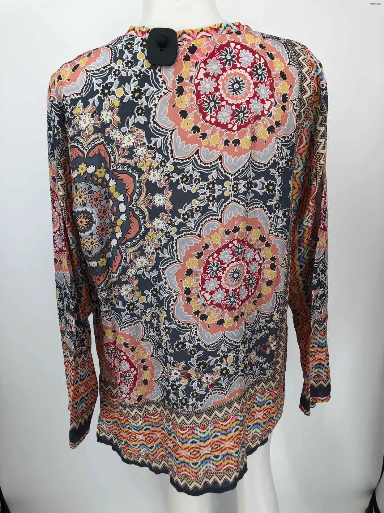 JOHNNY WAS Gray Pink Multi Silk Print Longsleeve Size LARGE  (L) Top