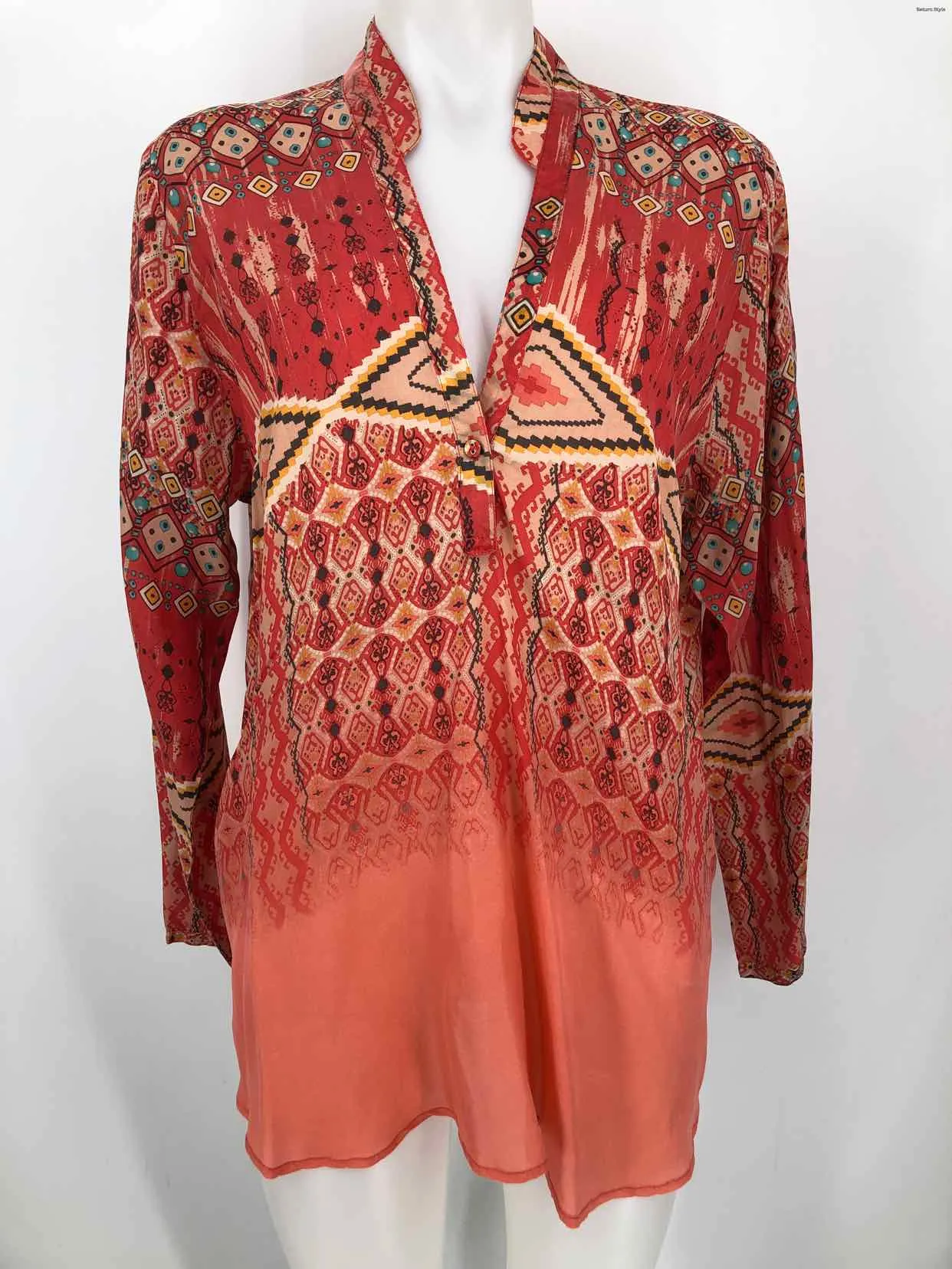 JOHNNY WAS Pink Orange Multi Silk Print Longsleeve Size LARGE  (L) Top