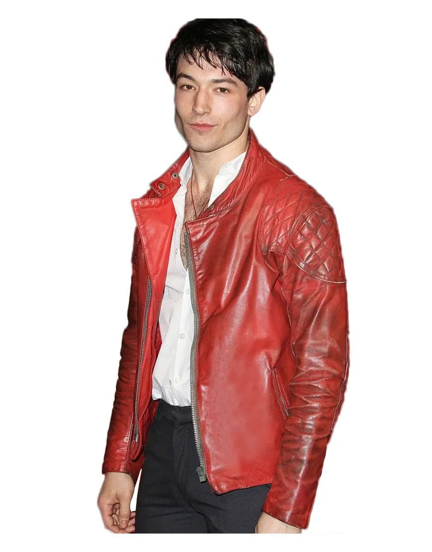 Justice League Film Primer Ezra Miller Red Leather Jacket - UJackets