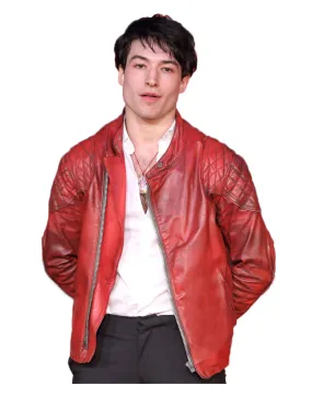 Justice League Film Primer Ezra Miller Red Leather Jacket - UJackets