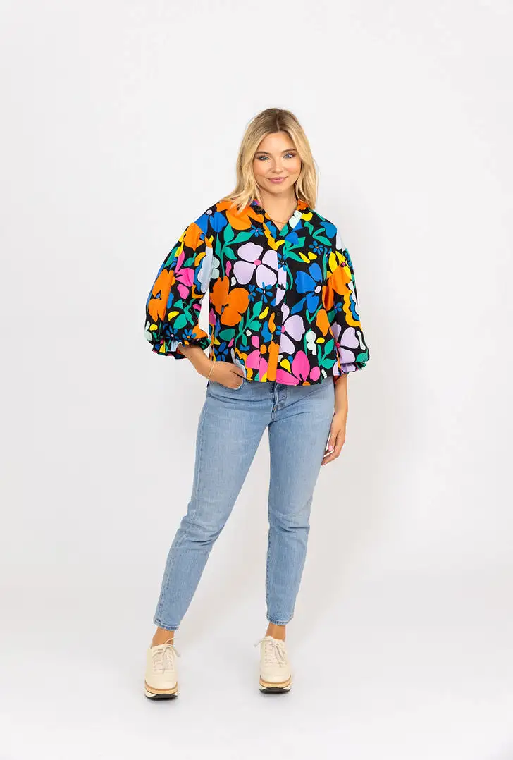 Large Floral Poplin Vneck Top