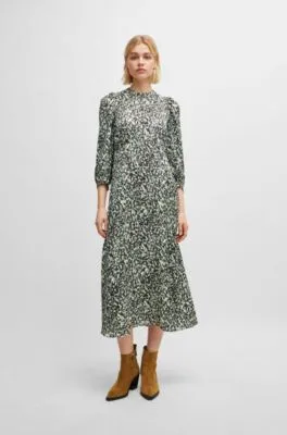 Long-sleeved dress in printed canvas with buttoned placket