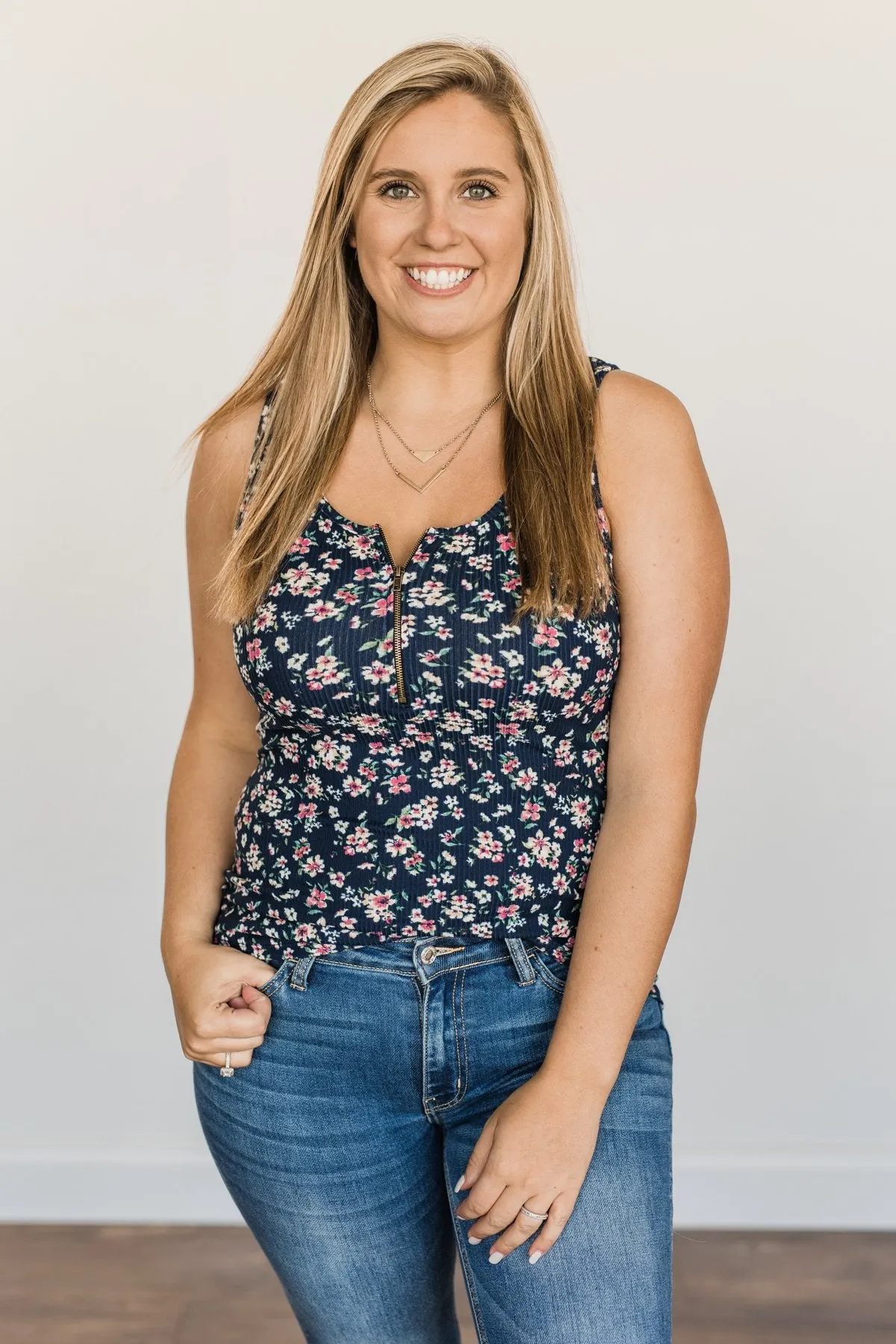 Magical Mornings Zipper Henley Tank Top- Navy