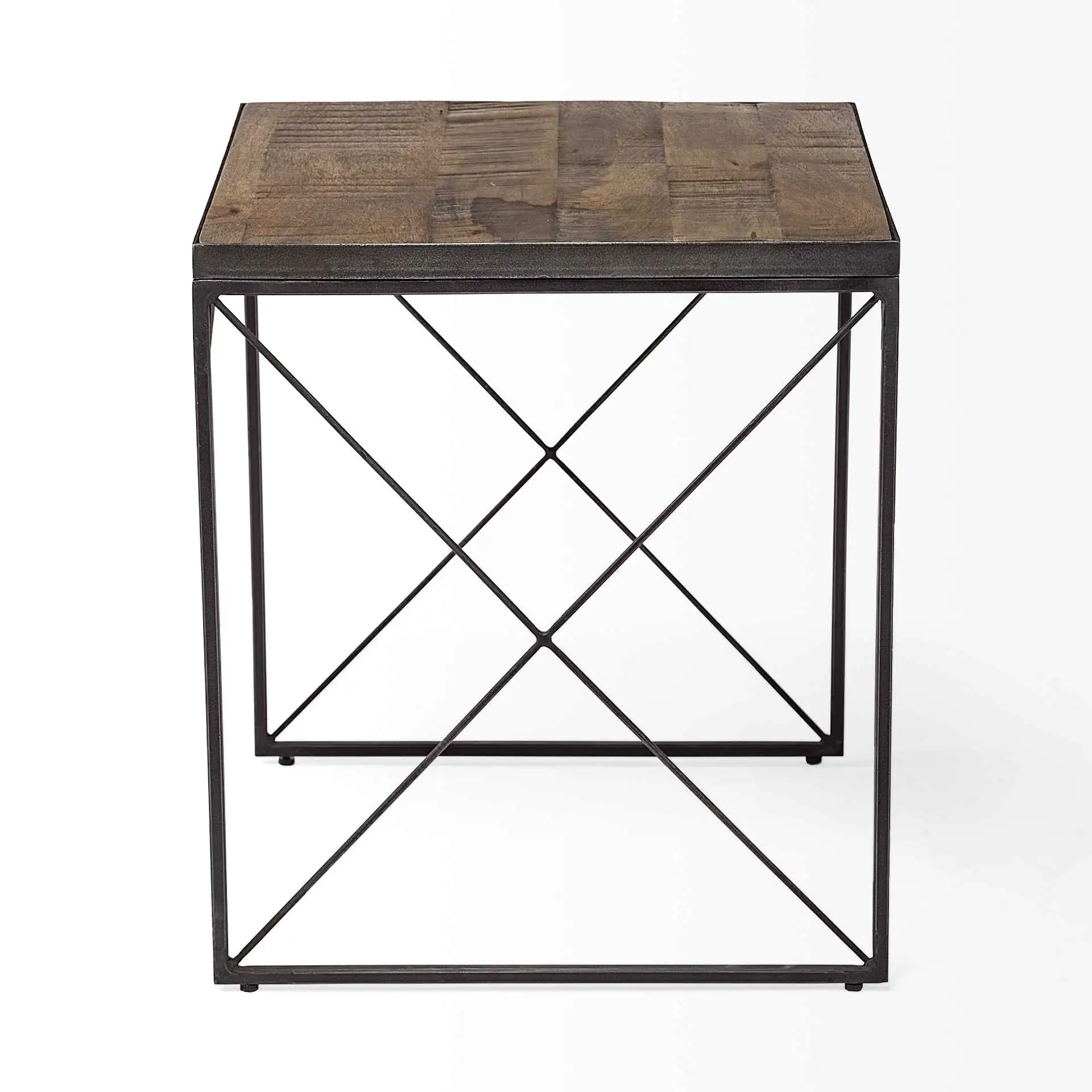 Medium Brown Wood Side Table With Square Top And Iron Cross Braced