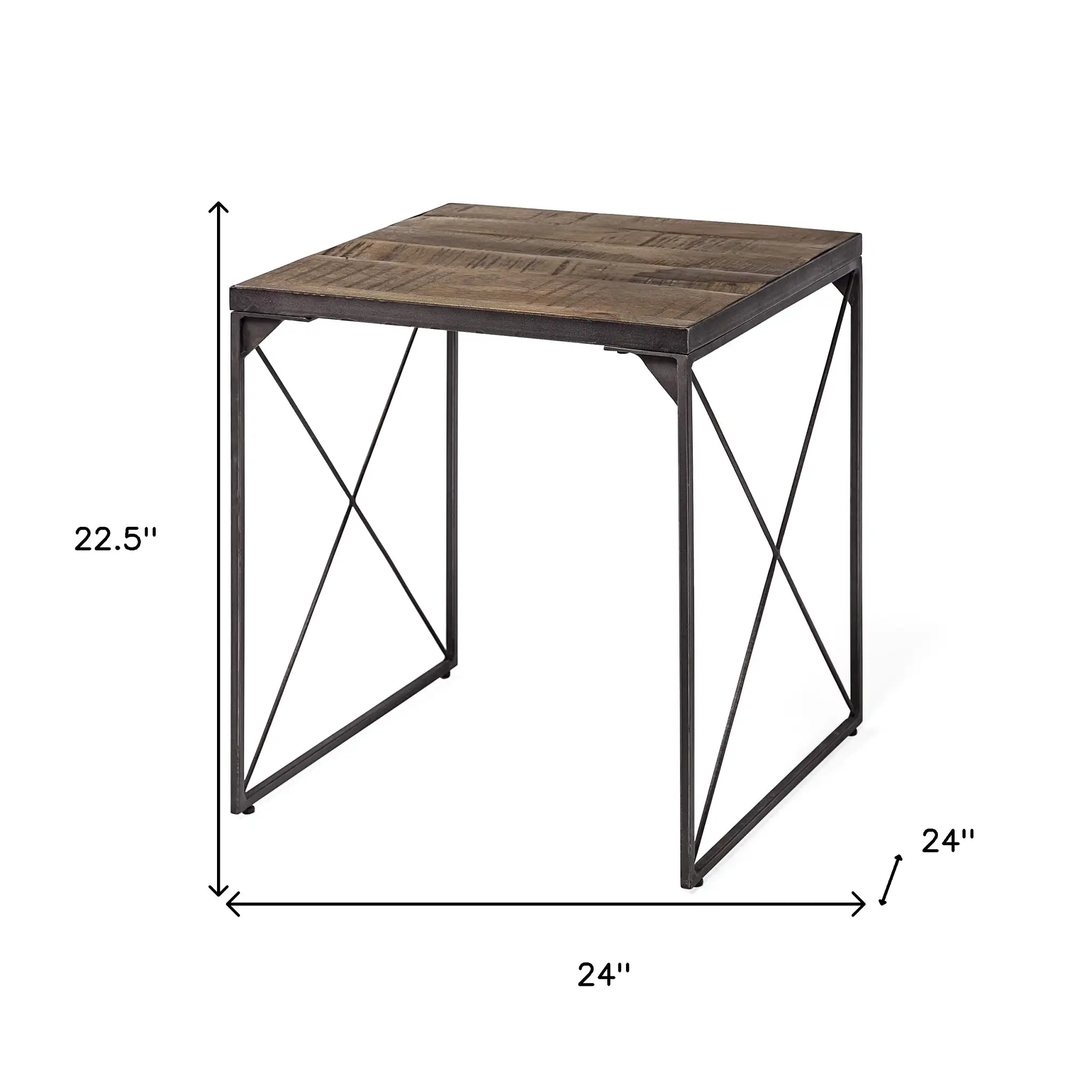 Medium Brown Wood Side Table With Square Top And Iron Cross Braced