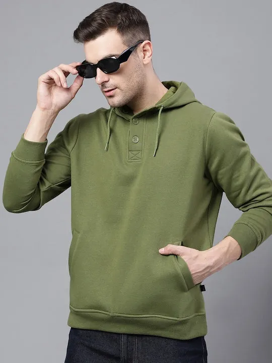 Men Olive Solid Half Button Placket Long Sleeves Fleece Hooded Sweatshirt