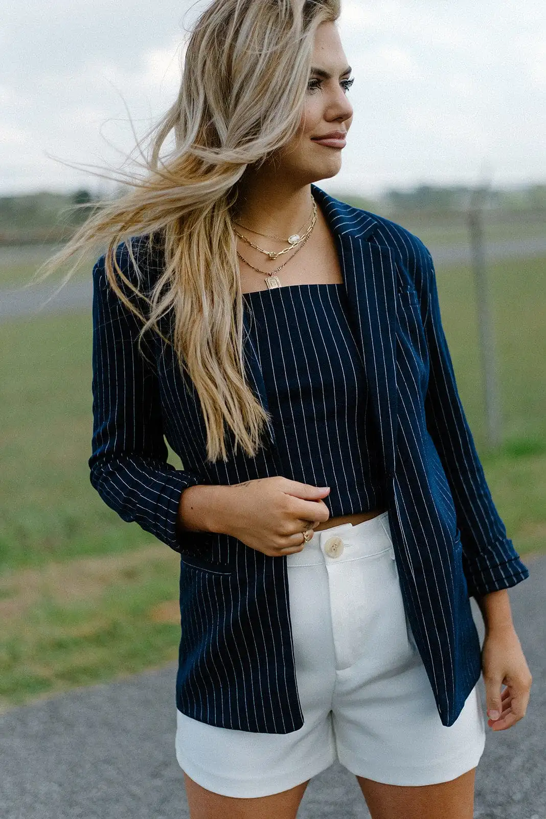 Navy Pinstripe Set Crop Top