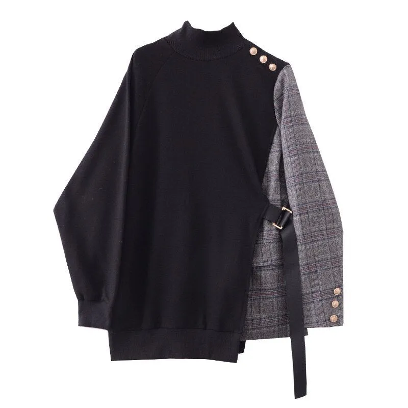 New Women Long Sleeve Plaid Patchwork Sweatshirts Hoodies Irregular Coat Pullovers Tops Streetwear