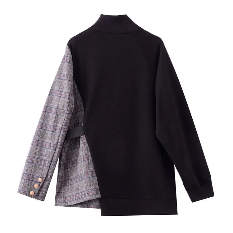 New Women Long Sleeve Plaid Patchwork Sweatshirts Hoodies Irregular Coat Pullovers Tops Streetwear