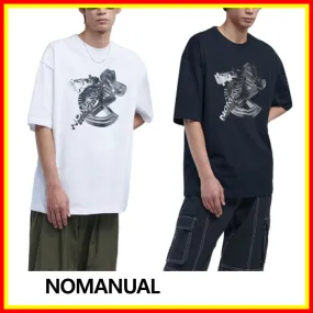 NOMANUAL  |Street Style U-Neck Plain Cotton Short Sleeves Logo T-Shirts