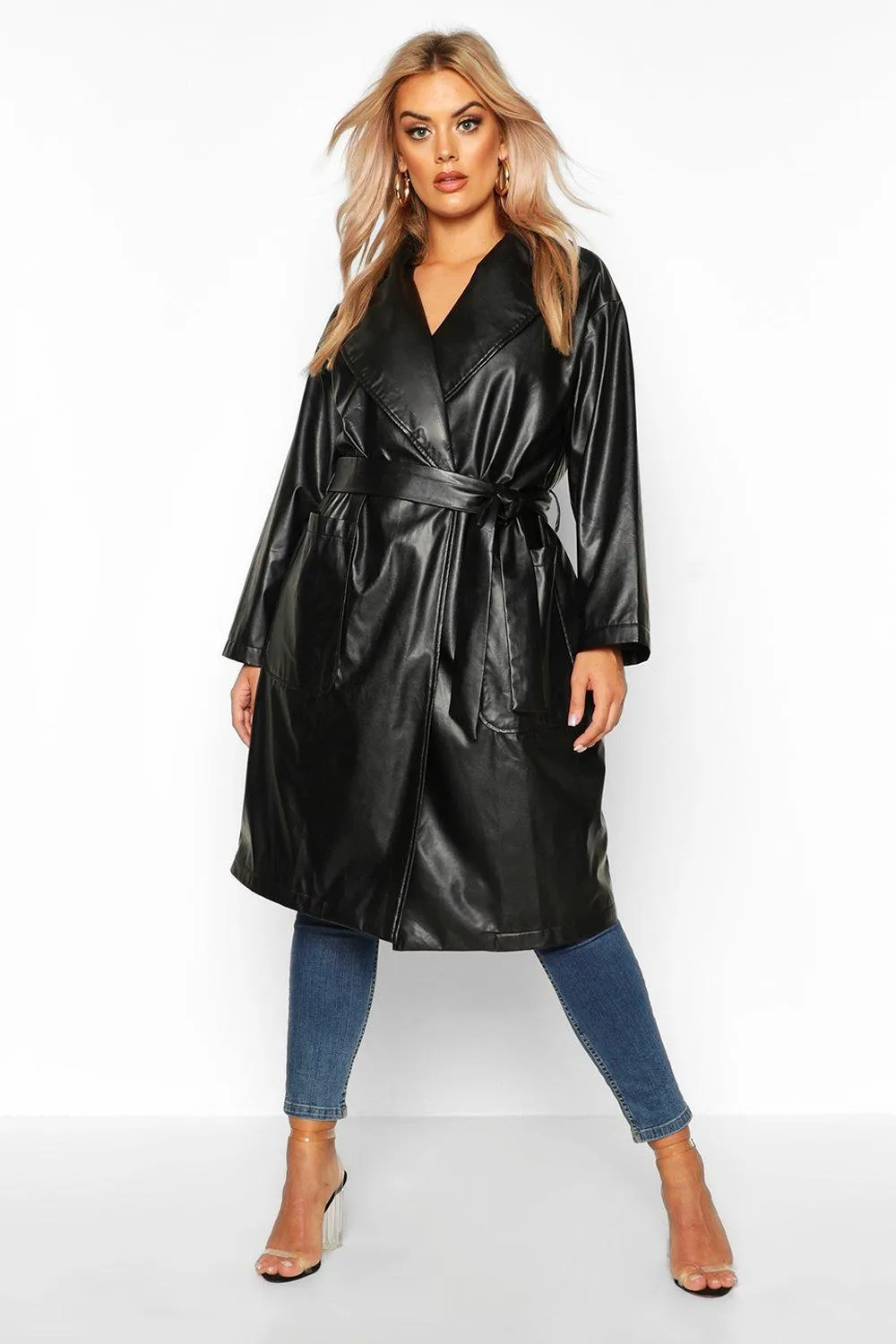 Plus PU Belted Wrap Coat