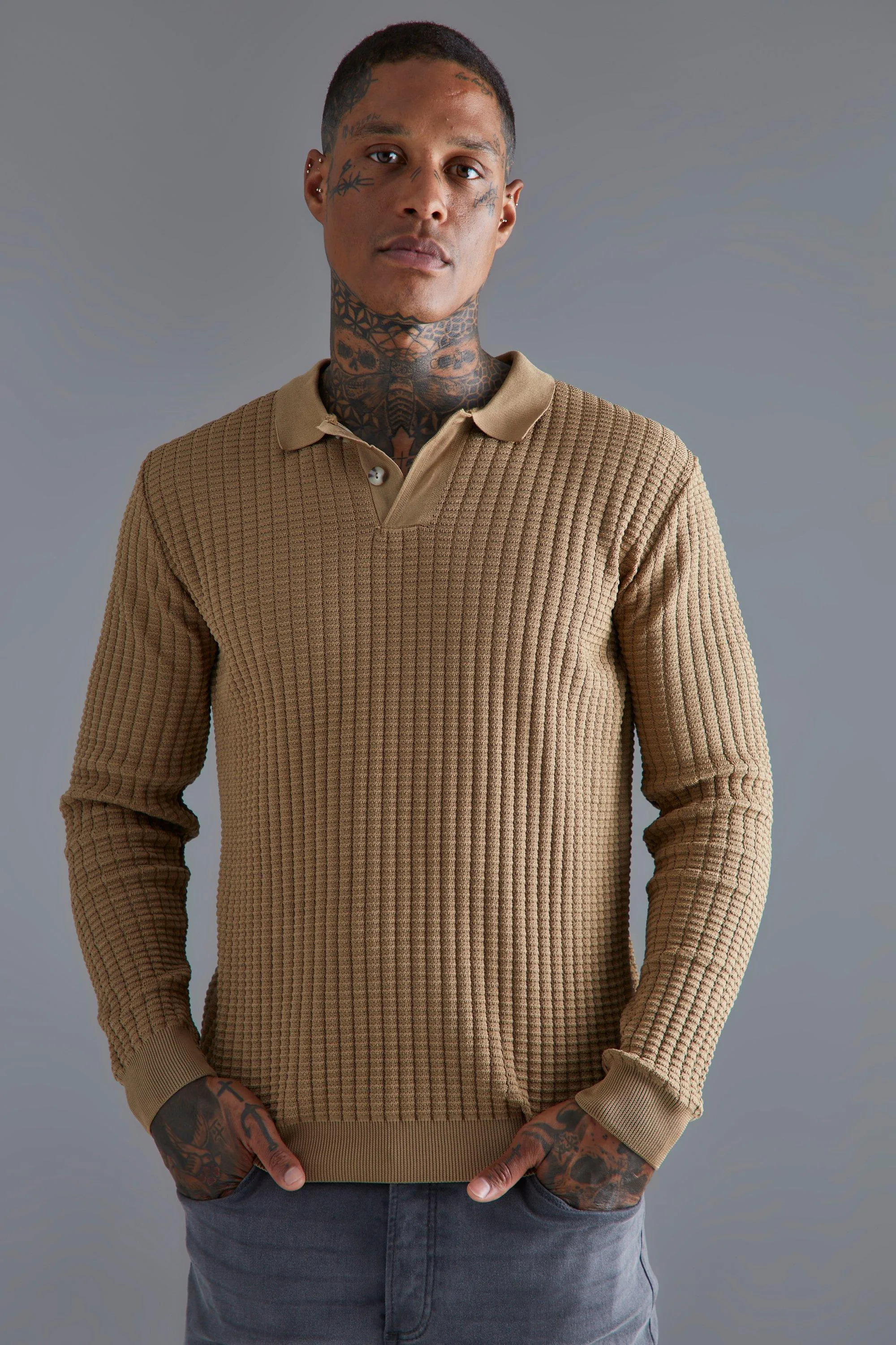 Popcorn Texture Concealed Placket Long Sleeve Polo | boohooMAN UK