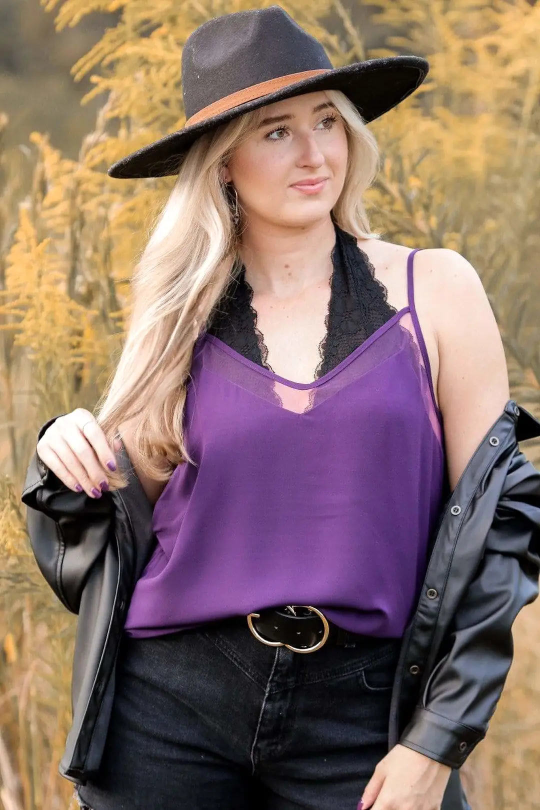 Purple V-Neck Mesh Tank