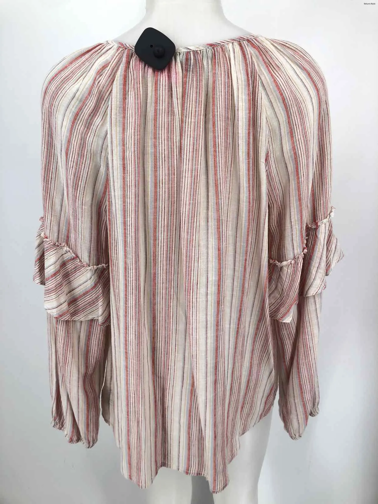 SANCTUARY Pink Cream Multi Linen Blend Striped Longsleeve Size LARGE  (L) Top