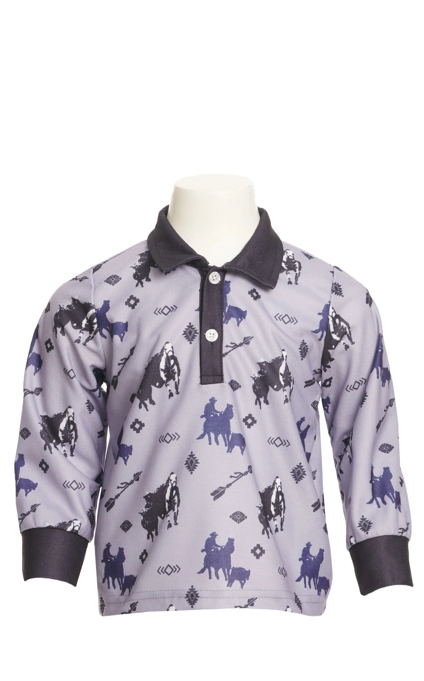 Shea Baby Boy's Dark Lavender & Navy Retro Western Print Long Sleeve Polo Shirt