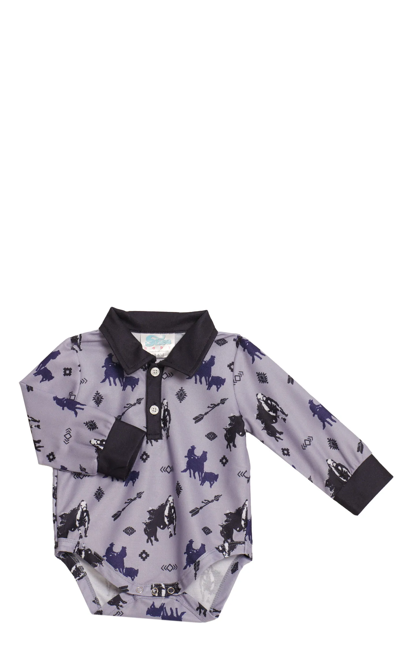 Shea Baby Infant Boy's Dark Lavender & Navy Western Print Long Sleeve Polo Onesie