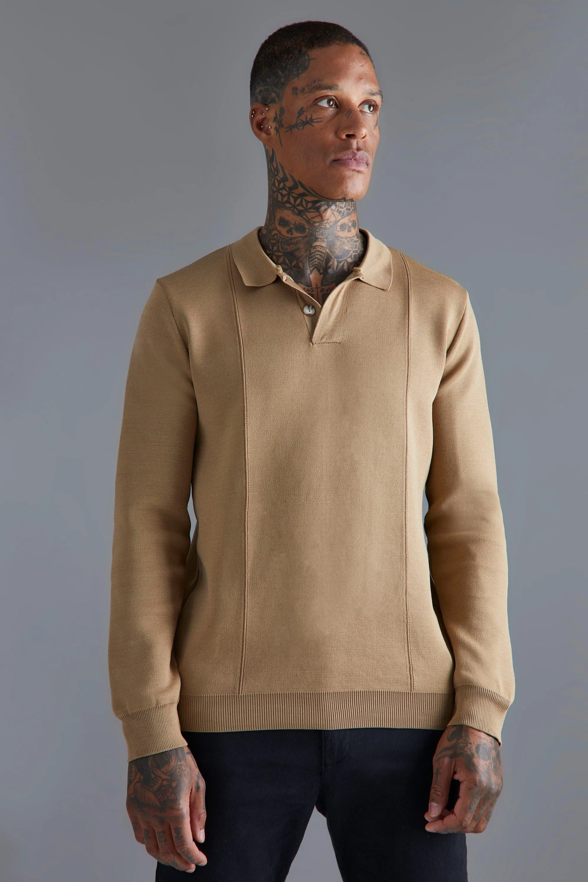 Smart Seam Knitted Long Sleeve Concealed Placket Polo | boohooMAN UK