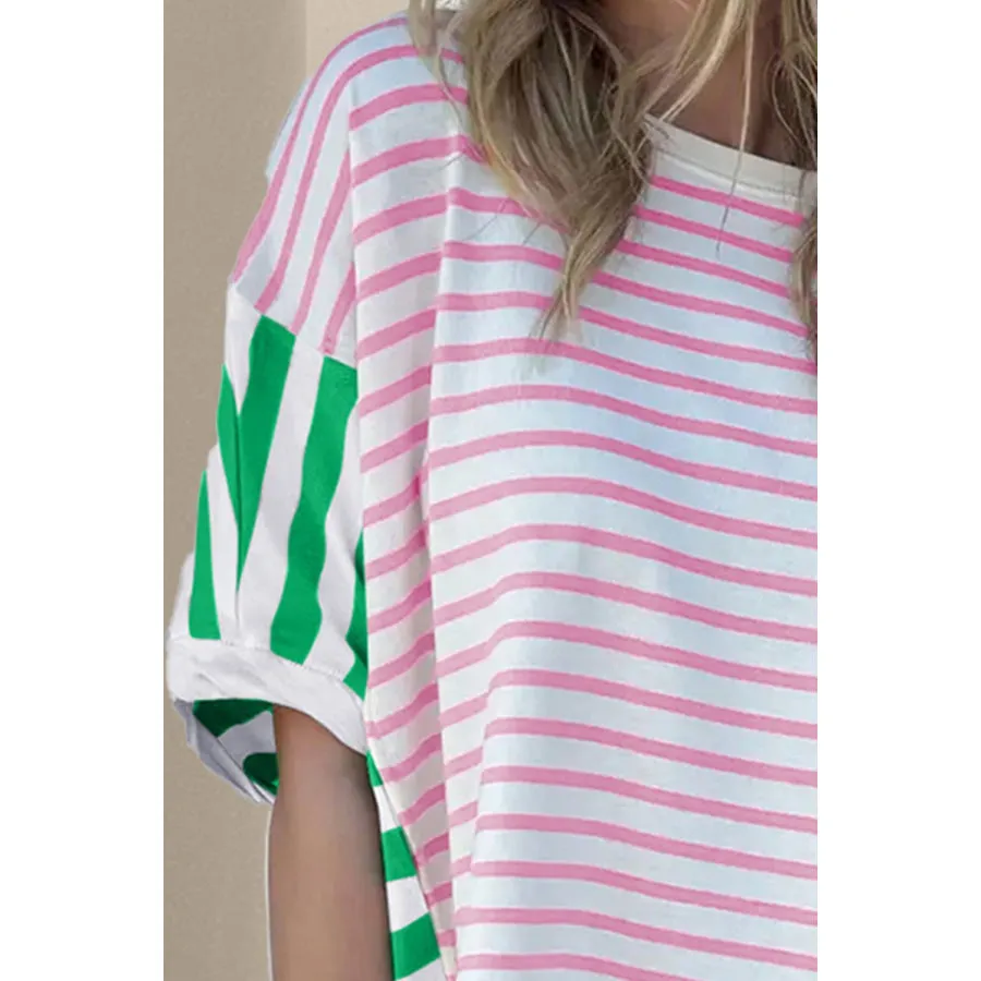 Striped Round Neck Dropped Shoulder T-Shirt