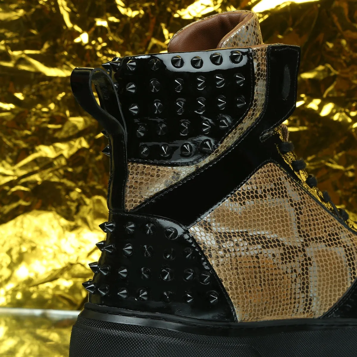 Studded Snake Print Leather Sneaker with Patent Leather Detailing