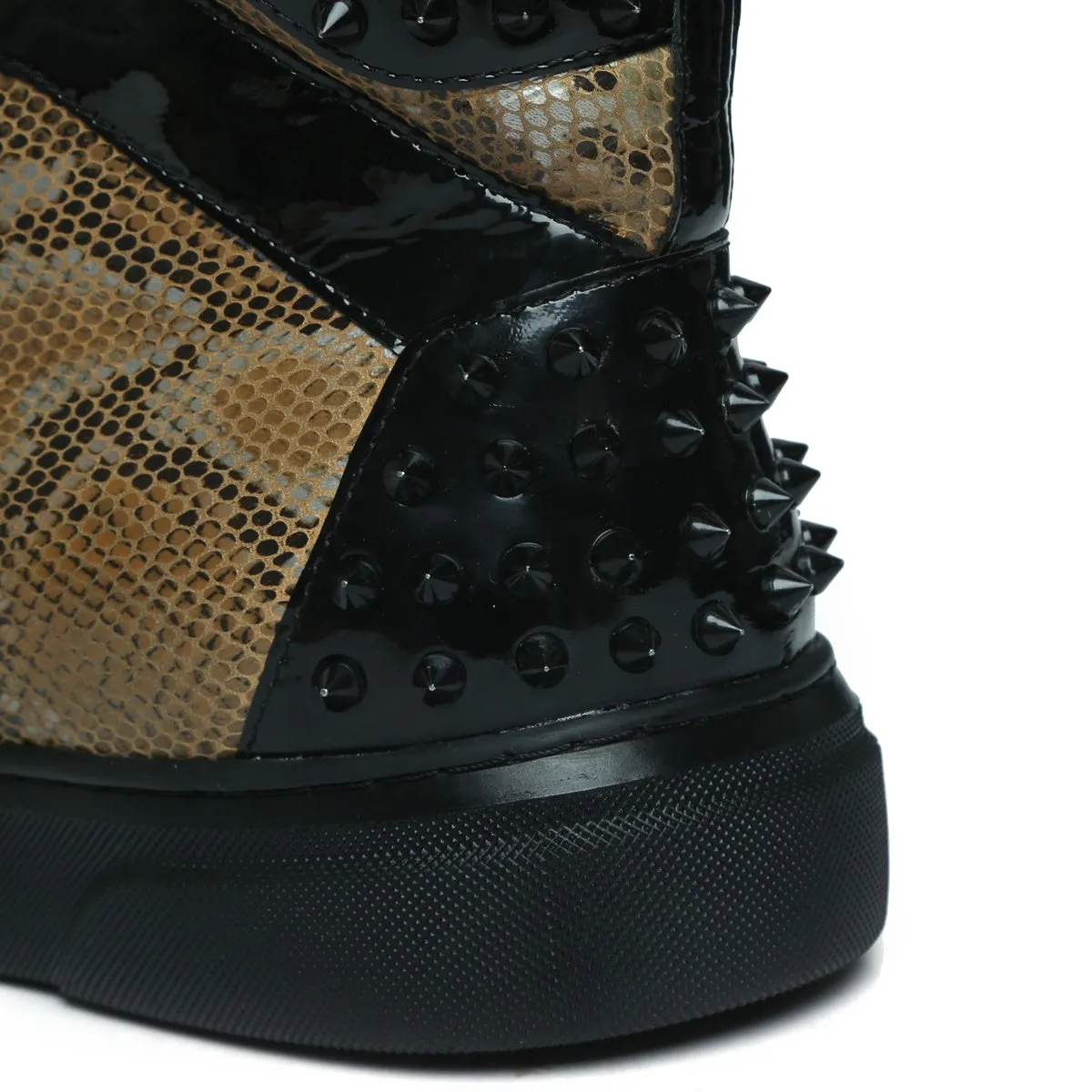 Studded Snake Print Leather Sneaker with Patent Leather Detailing