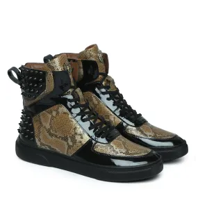 Studded Snake Print Leather Sneaker with Patent Leather Detailing