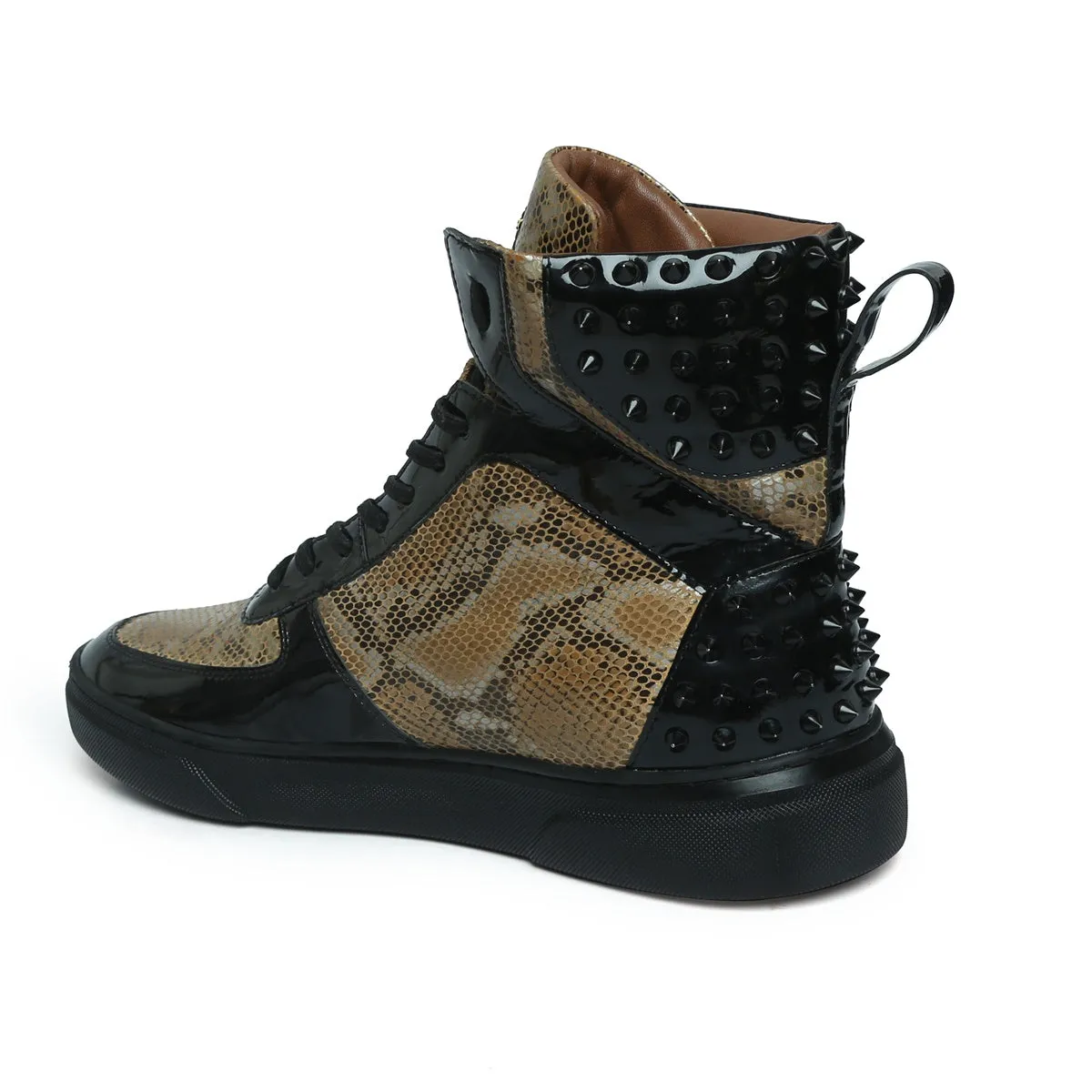 Studded Snake Print Leather Sneaker with Patent Leather Detailing