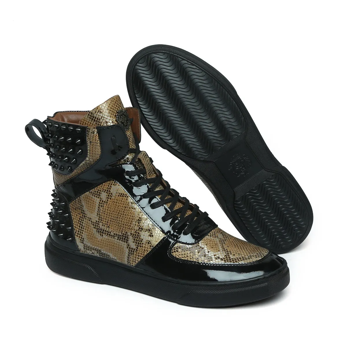 Studded Snake Print Leather Sneaker with Patent Leather Detailing