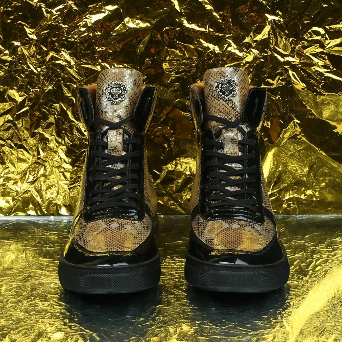 Studded Snake Print Leather Sneaker with Patent Leather Detailing