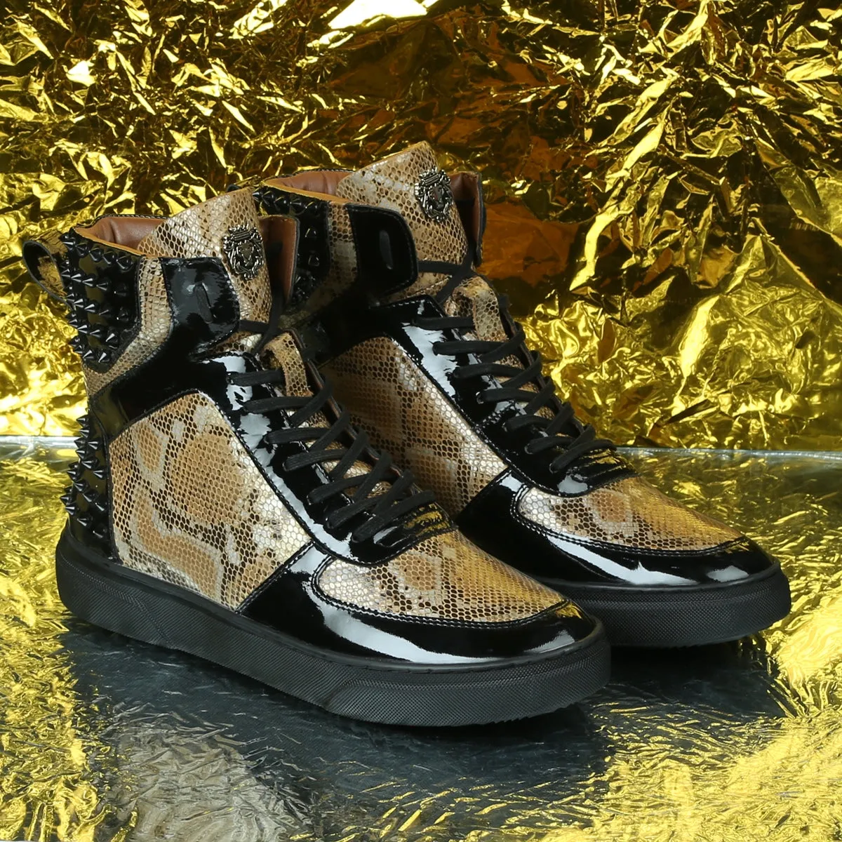 Studded Snake Print Leather Sneaker with Patent Leather Detailing