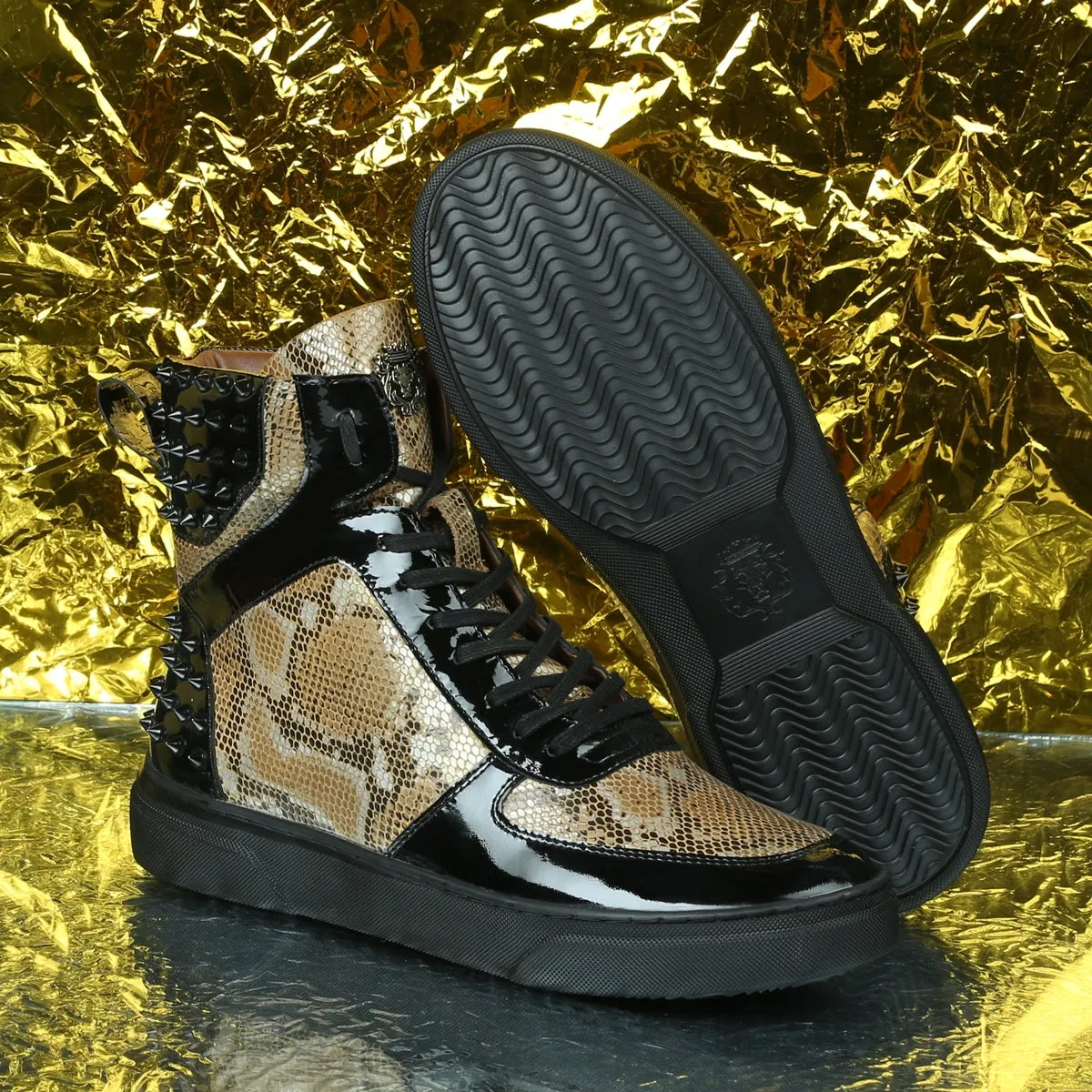 Studded Snake Print Leather Sneaker with Patent Leather Detailing