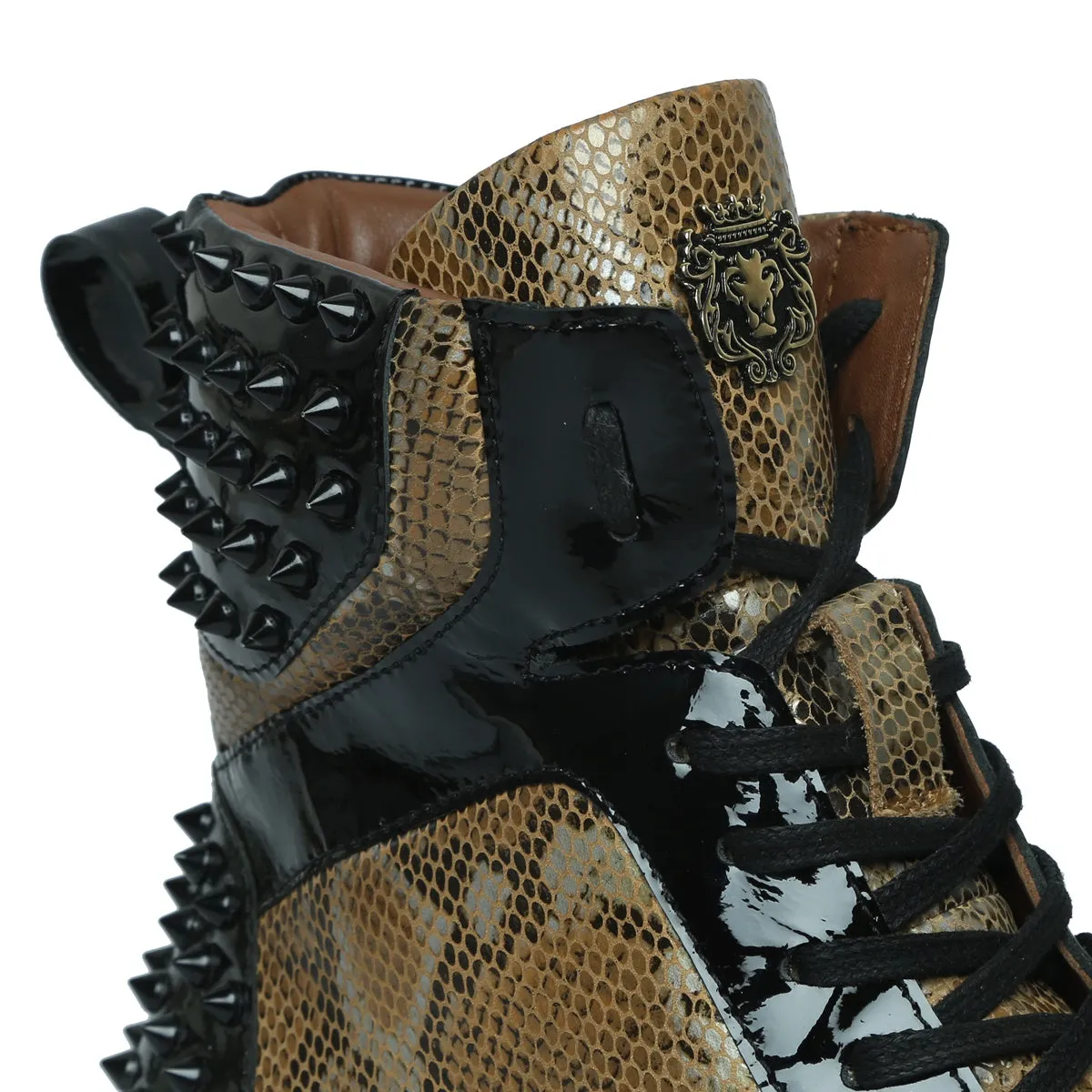 Studded Snake Print Leather Sneaker with Patent Leather Detailing