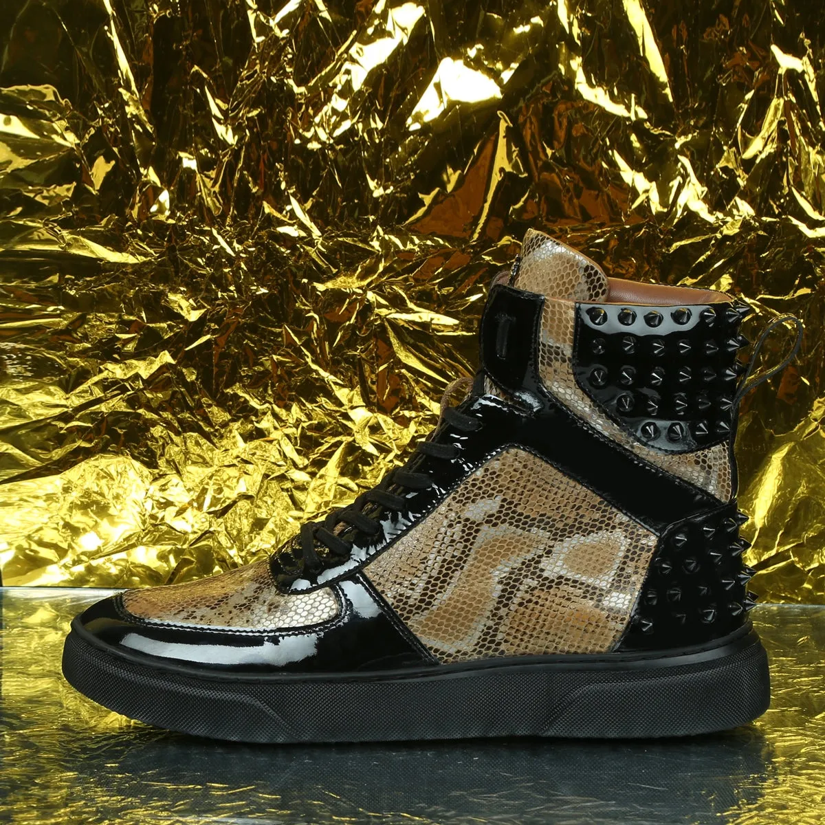 Studded Snake Print Leather Sneaker with Patent Leather Detailing