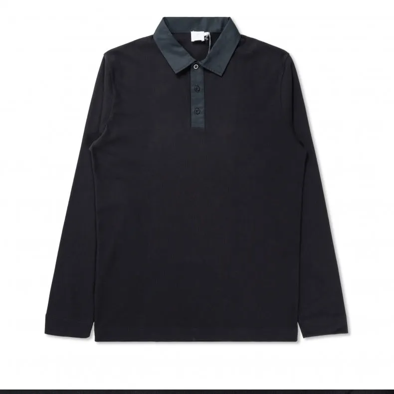 Sunspel Woven Collar & Placket Long Sleeve Polo Shirt (Black)