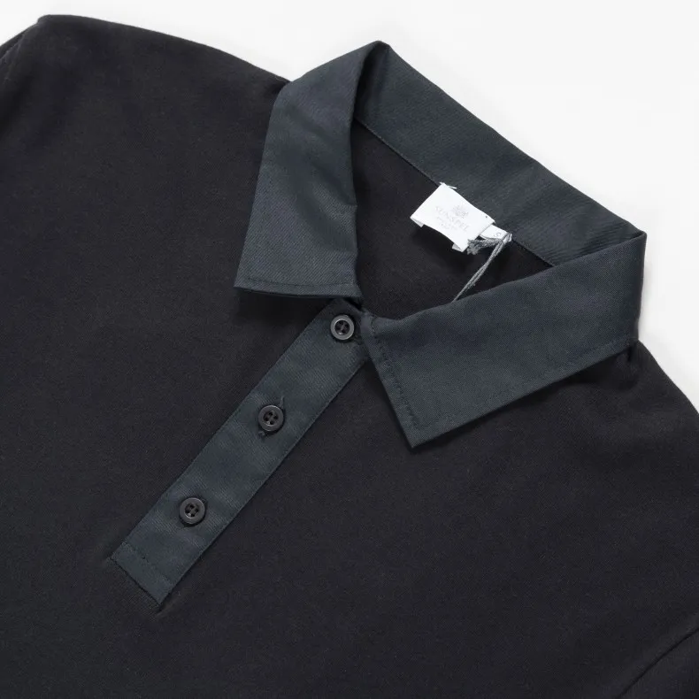 Sunspel Woven Collar & Placket Long Sleeve Polo Shirt (Black)