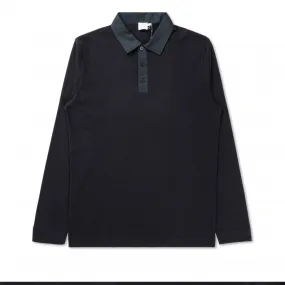 Sunspel Woven Collar & Placket Long Sleeve Polo Shirt (Black)