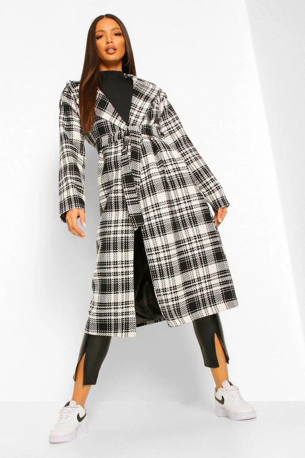 Tall Check Oversized Belted Robe Wool Look Coat