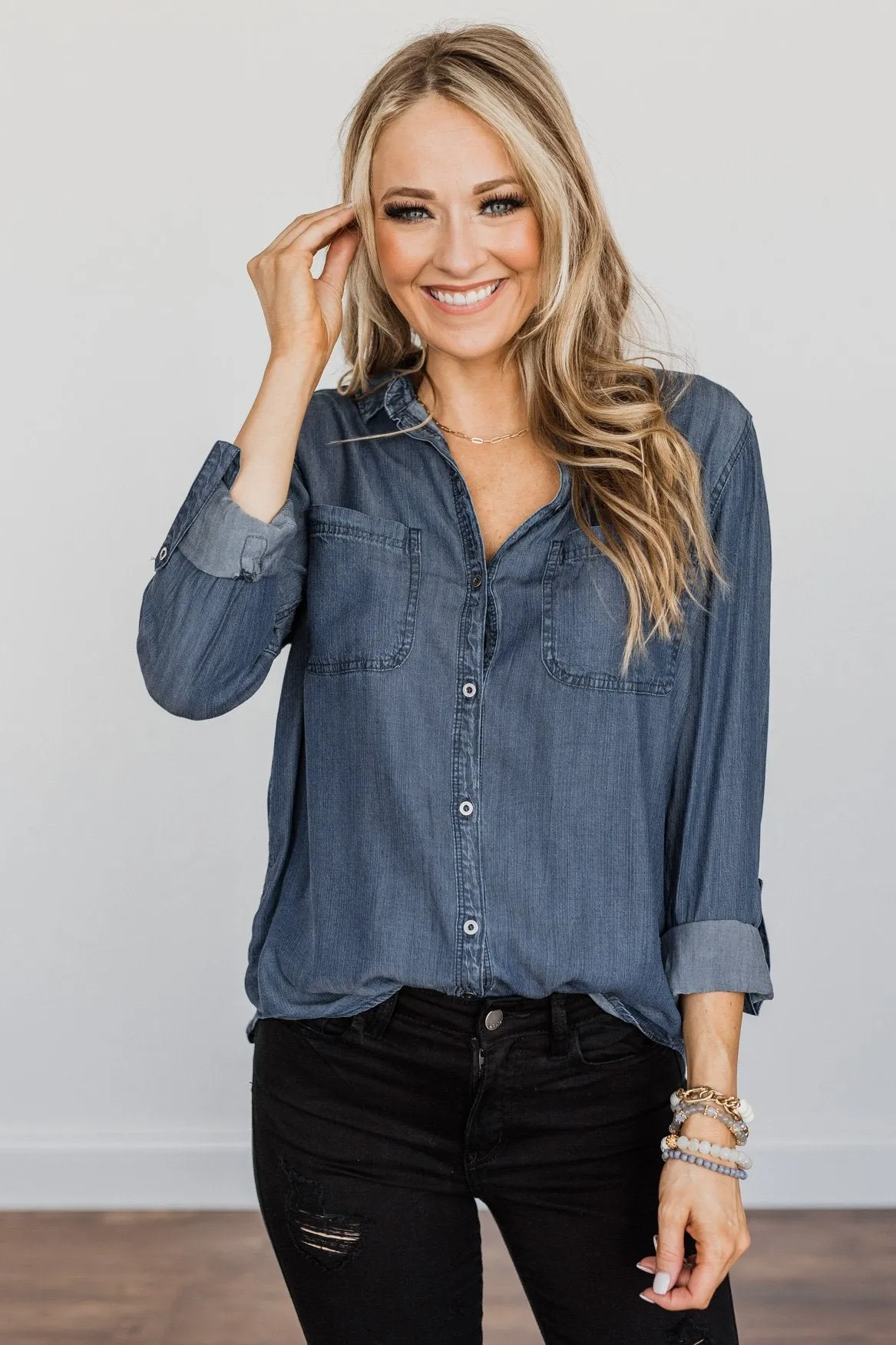 The Ultimate Chambray Top- Medium Wash