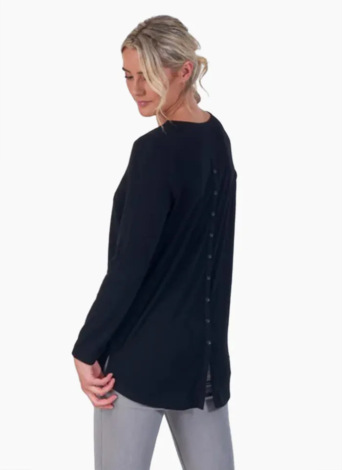 Vassalli Merino Long Sleeve Top with Back Button Placket - Black