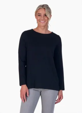 Vassalli Merino Long Sleeve Top with Back Button Placket - Black