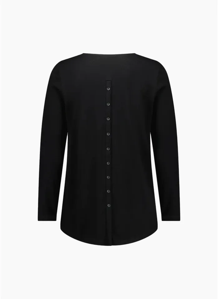 Vassalli Merino Long Sleeve Top with Back Button Placket - Black