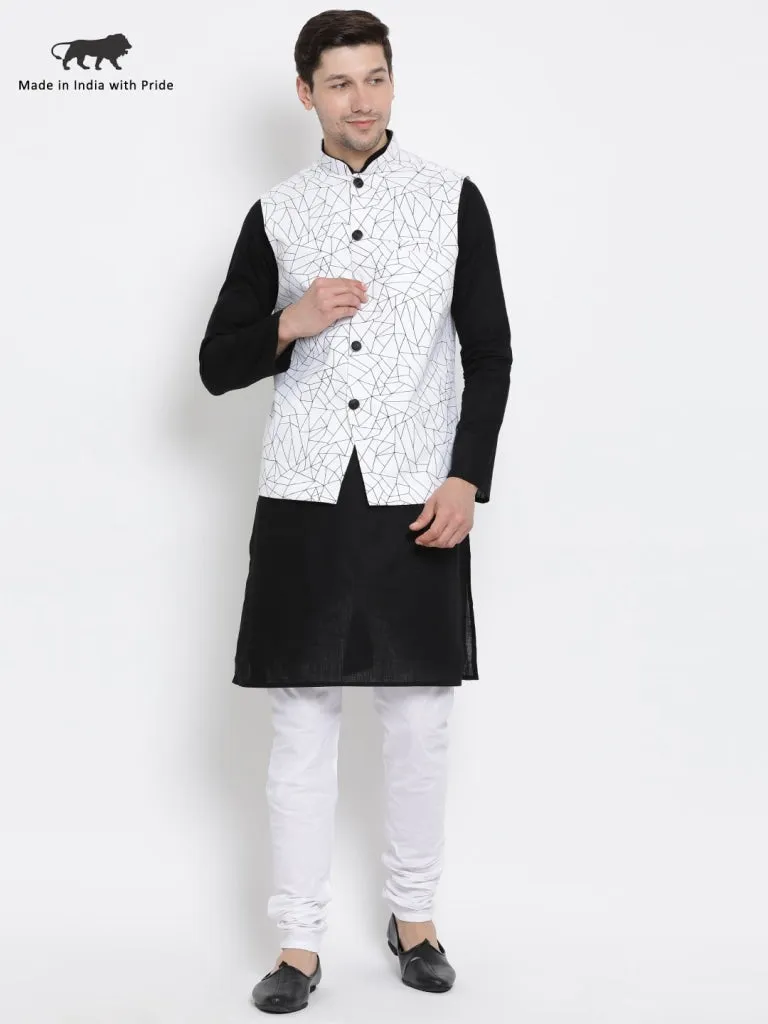 VASTRAMAY Men's Black Cotton Blend Kurta, Ethnic Jacket and Pyjama Set