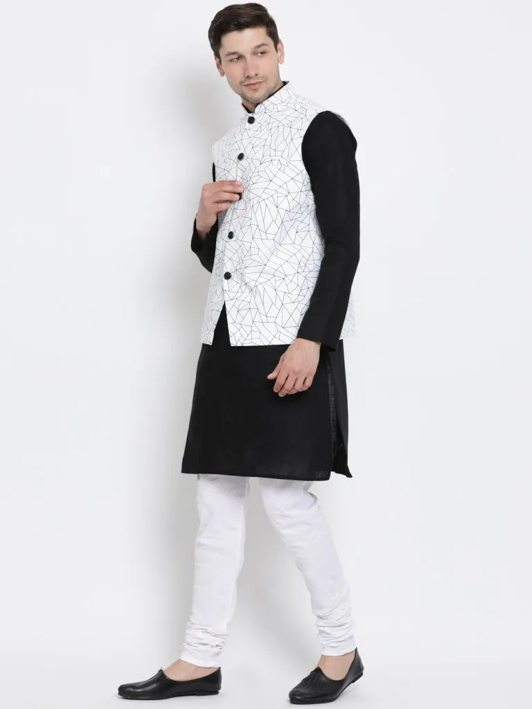 VASTRAMAY Men's Black Cotton Blend Kurta, Ethnic Jacket and Pyjama Set