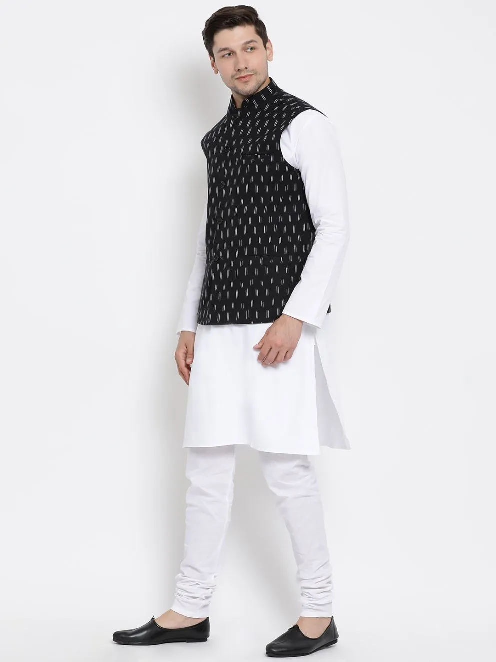 VASTRAMAY Men's White Cotton Kurta, Ethnic Jacket and Pyjama Set