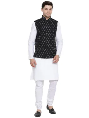 VASTRAMAY Men's White Cotton Kurta, Ethnic Jacket and Pyjama Set