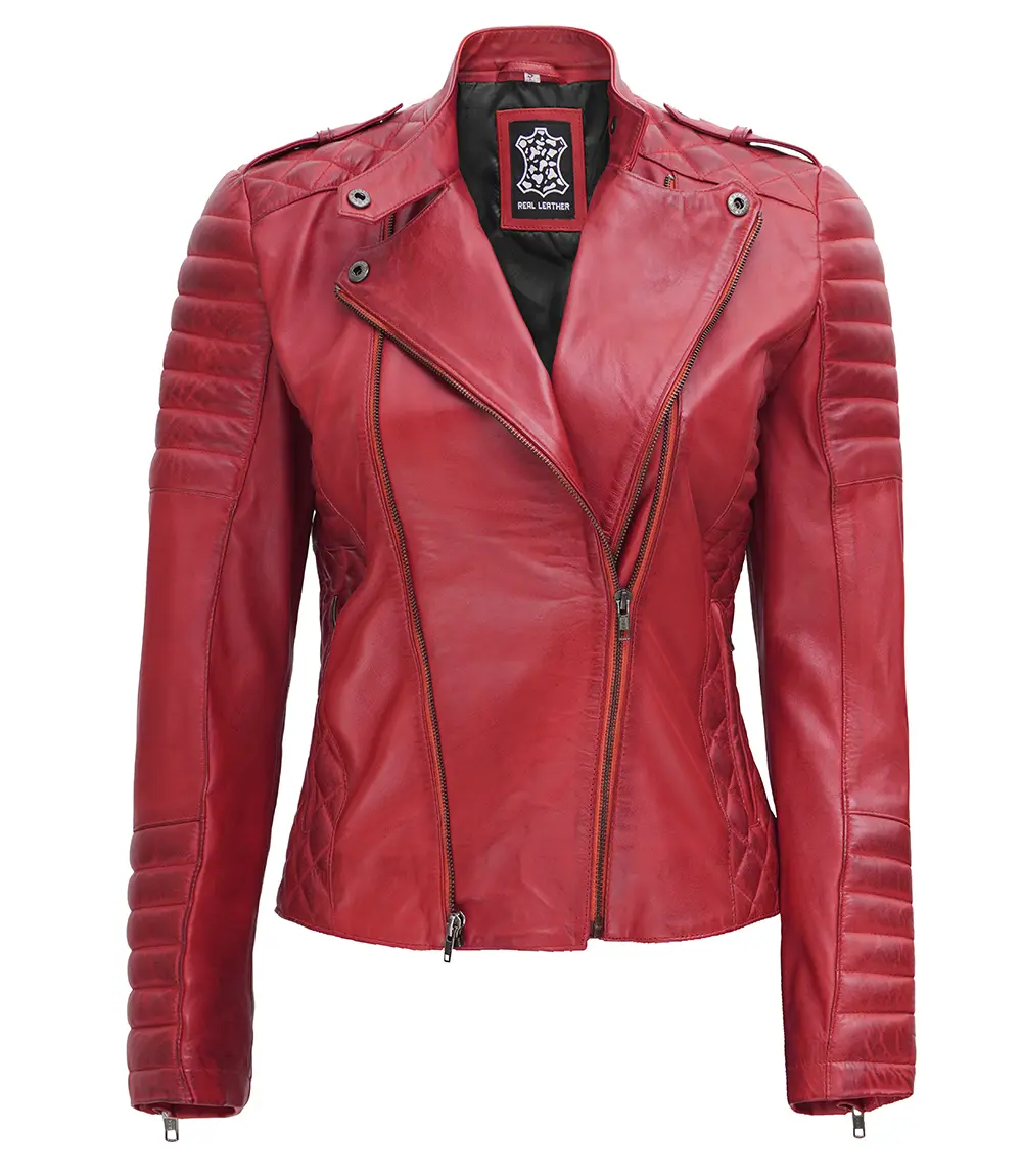 Women's Biker Asymmetrical Maroon Padded Leather Jacket