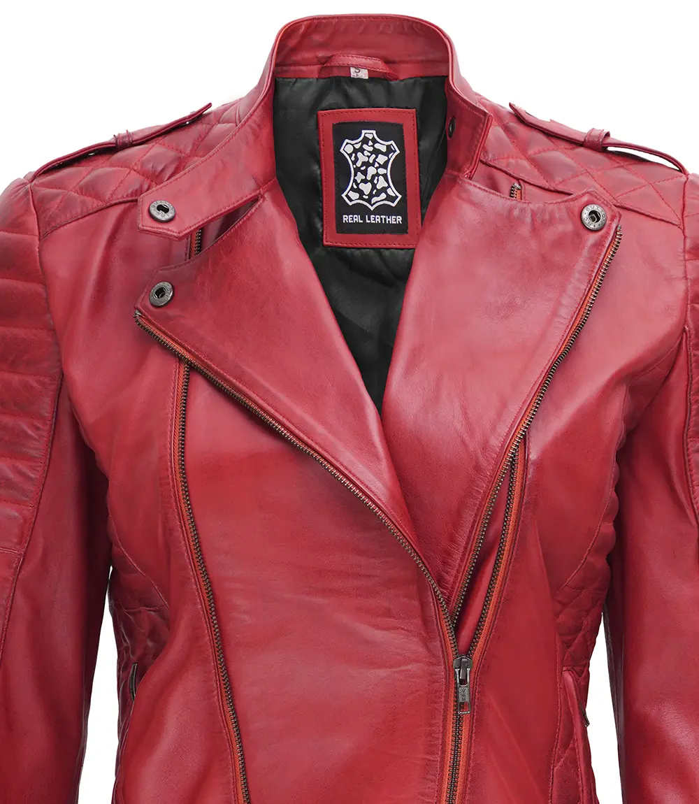 Women's Biker Asymmetrical Maroon Padded Leather Jacket