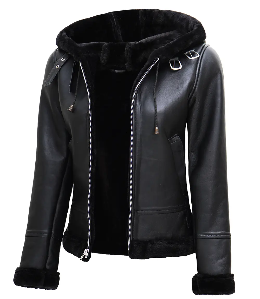 Women's Leather Hooded Shearling Jacket