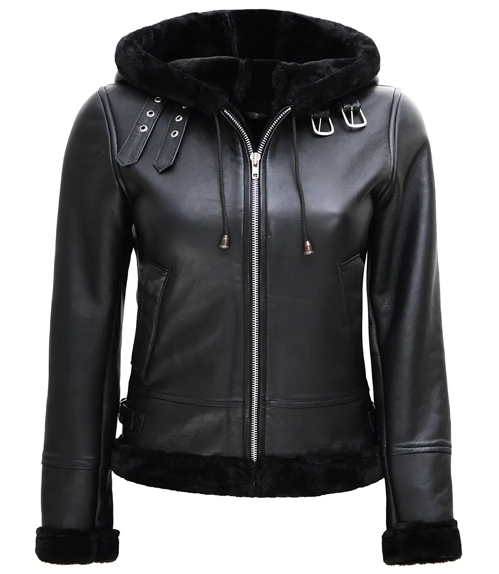 Women's Leather Hooded Shearling Jacket